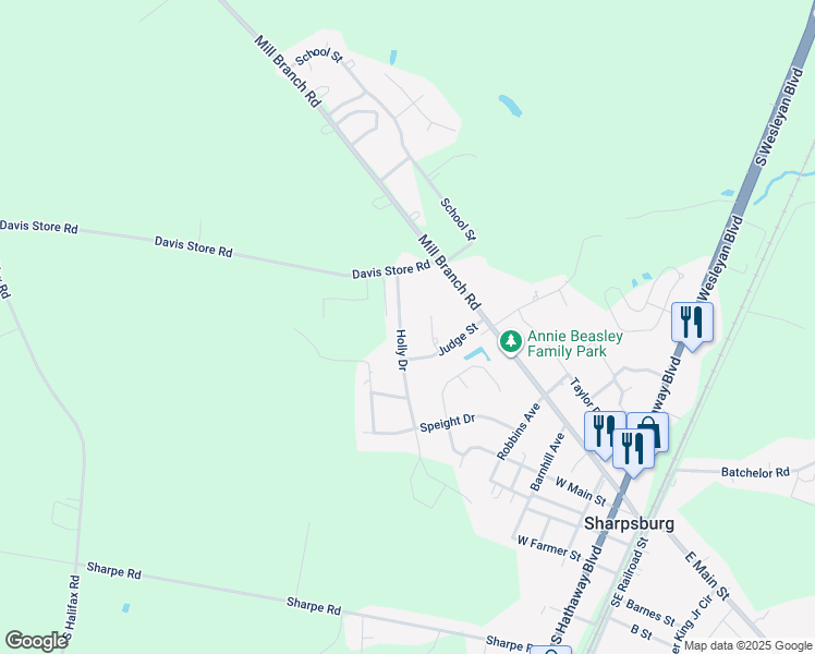 map of restaurants, bars, coffee shops, grocery stores, and more near 413 Holly Drive in Rocky Mount