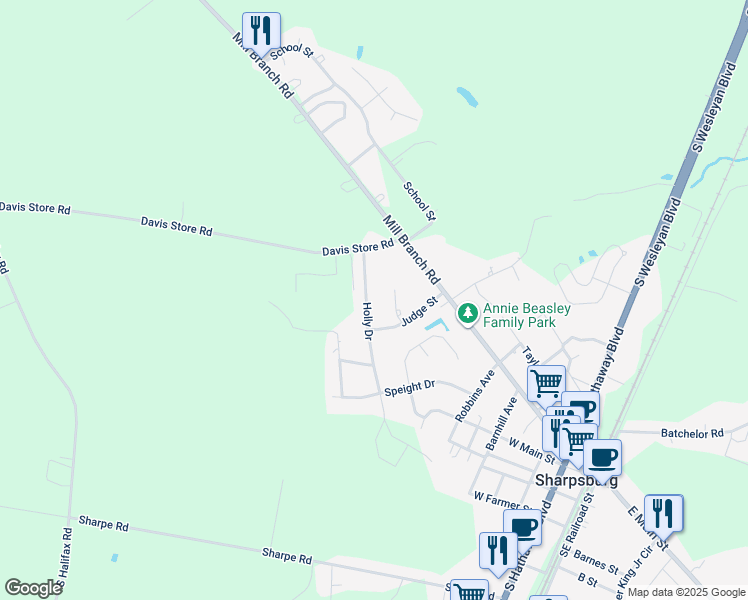 map of restaurants, bars, coffee shops, grocery stores, and more near 413 Holly Drive in Rocky Mount