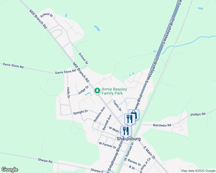 map of restaurants, bars, coffee shops, grocery stores, and more near 108 Sandy Hill Court in Rocky Mount