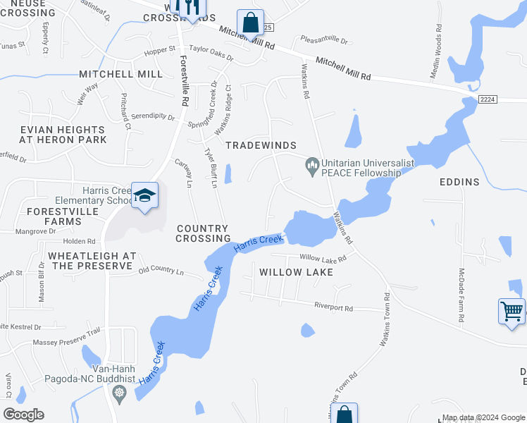 map of restaurants, bars, coffee shops, grocery stores, and more near 4117 Willow Haven Court in Raleigh