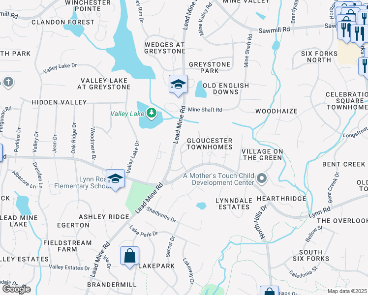 map of restaurants, bars, coffee shops, grocery stores, and more near 6845 Middleboro Drive in Raleigh