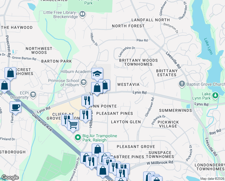map of restaurants, bars, coffee shops, grocery stores, and more near 6909 Baywood Drive in Raleigh