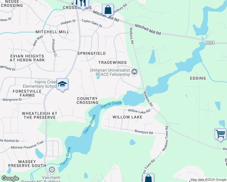 map of restaurants, bars, coffee shops, grocery stores, and more near 4117 Willow Haven Court in Raleigh