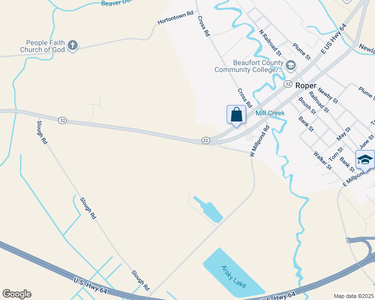 map of restaurants, bars, coffee shops, grocery stores, and more near 6992 North Carolina 32 in Roper