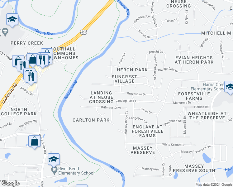 map of restaurants, bars, coffee shops, grocery stores, and more near 3118 Groveshire Drive in Raleigh