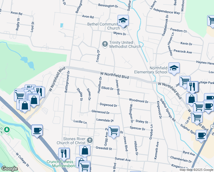 map of restaurants, bars, coffee shops, grocery stores, and more near 2007 Benson Place in Murfreesboro
