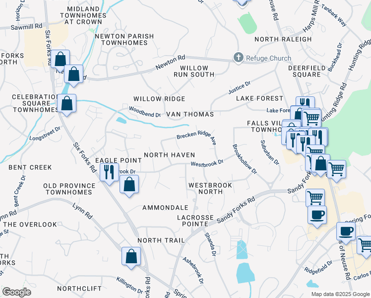 map of restaurants, bars, coffee shops, grocery stores, and more near 6708 Millbridge Court in Raleigh