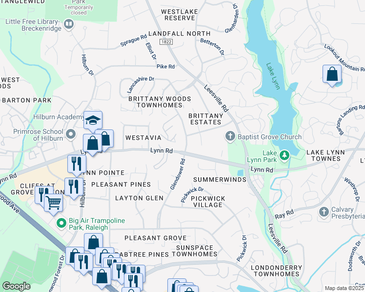 map of restaurants, bars, coffee shops, grocery stores, and more near 6813 Glendower Road in Raleigh