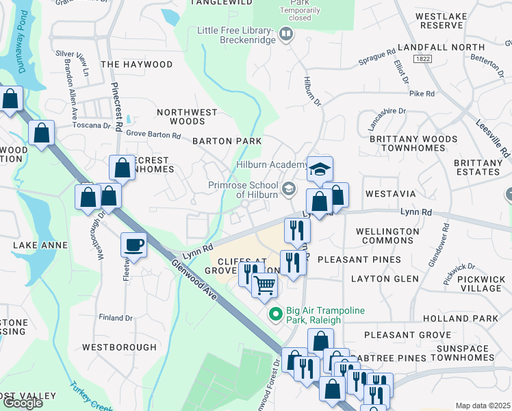 map of restaurants, bars, coffee shops, grocery stores, and more near 3810 Grove Barton Road in Raleigh