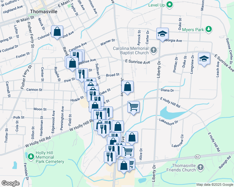 map of restaurants, bars, coffee shops, grocery stores, and more near 215 Royal Oaks Street in Thomasville