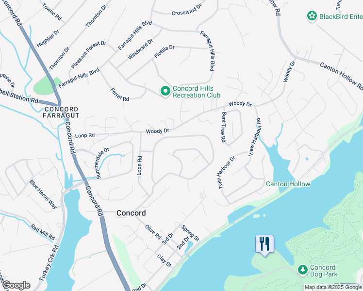 map of restaurants, bars, coffee shops, grocery stores, and more near 11108 Concord Woods Drive in Knoxville