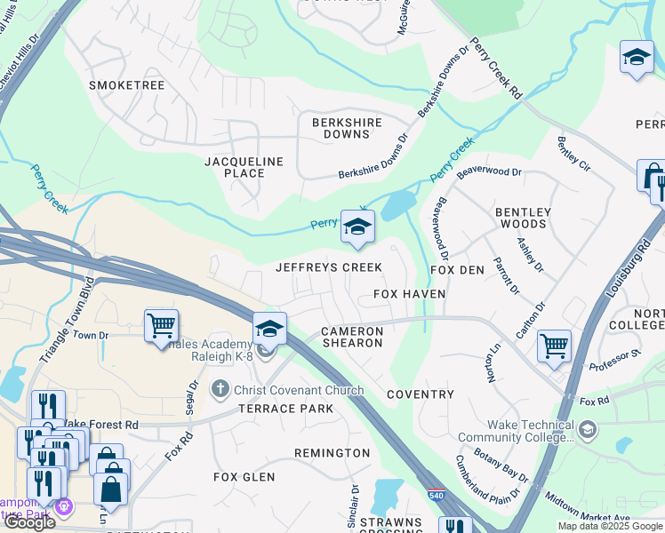map of restaurants, bars, coffee shops, grocery stores, and more near 7030 Jeffreys Creek Lane in Raleigh