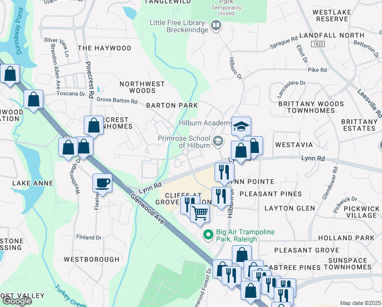 map of restaurants, bars, coffee shops, grocery stores, and more near 3810 Grove Barton Road in Raleigh