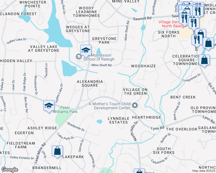 map of restaurants, bars, coffee shops, grocery stores, and more near 6814 Gloucester Road in Raleigh