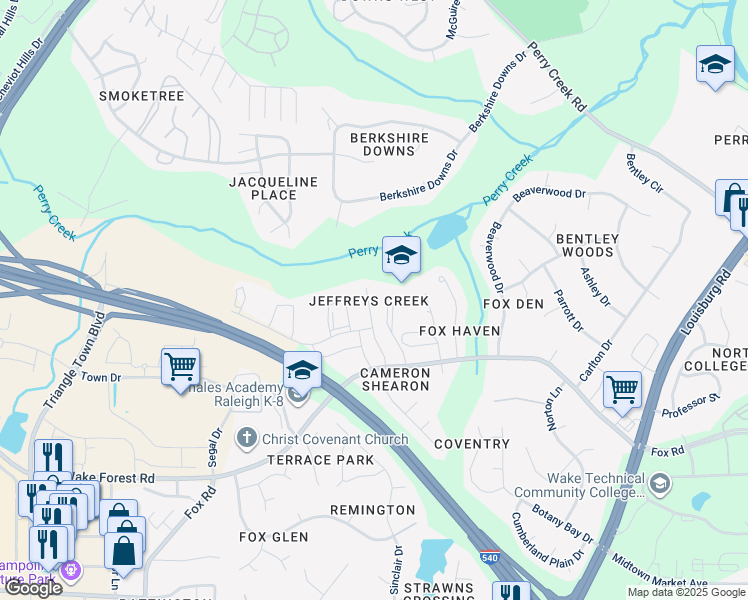map of restaurants, bars, coffee shops, grocery stores, and more near 7030 Jeffreys Creek Lane in Raleigh