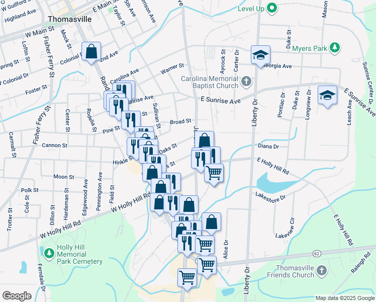 map of restaurants, bars, coffee shops, grocery stores, and more near 215 Royal Oaks Street in Thomasville