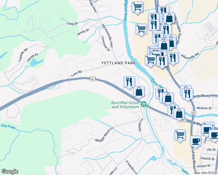 map of restaurants, bars, coffee shops, grocery stores, and more near 625 West Main Street in Sevierville