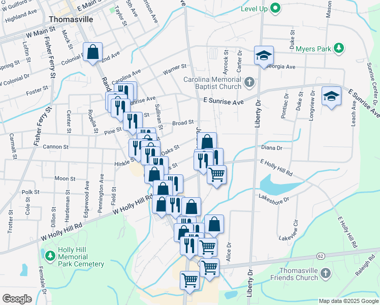 map of restaurants, bars, coffee shops, grocery stores, and more near 215 Royal Oaks Street in Thomasville
