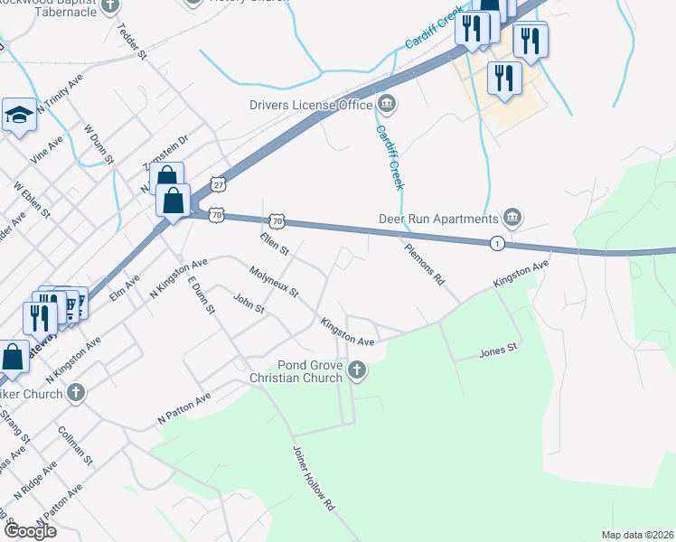 map of restaurants, bars, coffee shops, grocery stores, and more near 916 Bayless Street in Rockwood