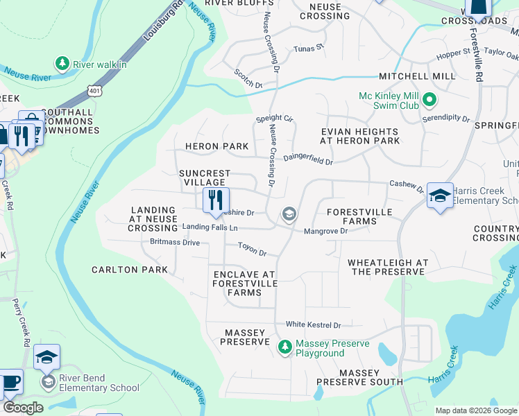 map of restaurants, bars, coffee shops, grocery stores, and more near 3224 Suncrest Village Lane in Raleigh