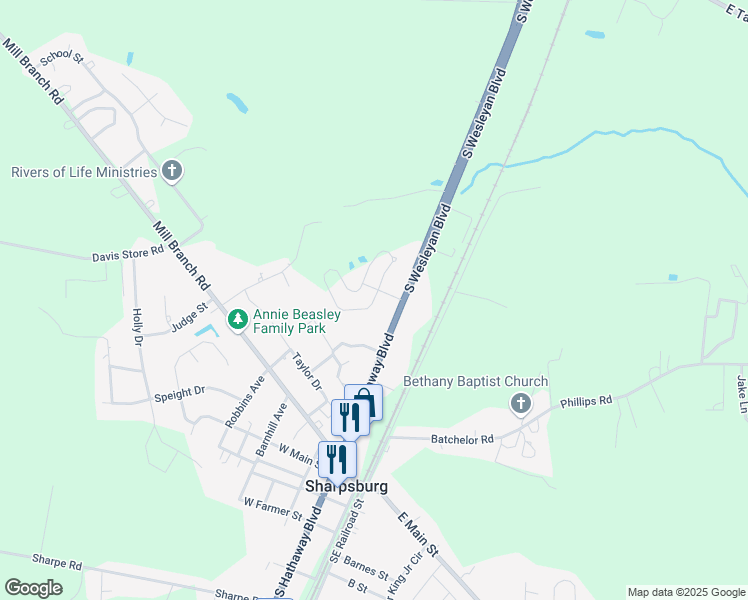 map of restaurants, bars, coffee shops, grocery stores, and more near 405 Hilltop Drive in Rocky Mount