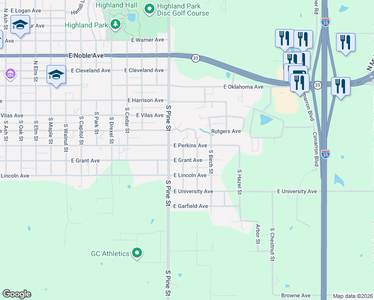 map of restaurants, bars, coffee shops, grocery stores, and more near 1622 East Perkins Avenue in Guthrie