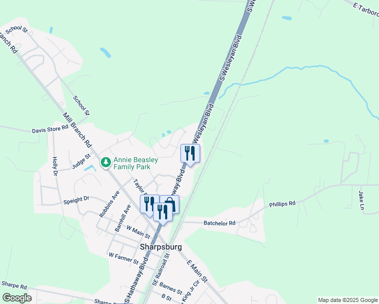 map of restaurants, bars, coffee shops, grocery stores, and more near 3545 South Wesleyan Boulevard in Rocky Mount