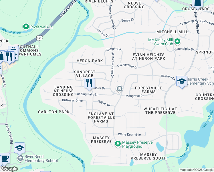 map of restaurants, bars, coffee shops, grocery stores, and more near 3224 Suncrest Village Lane in Raleigh