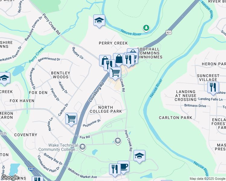 map of restaurants, bars, coffee shops, grocery stores, and more near 7440-101 Louisburg Road in Raleigh