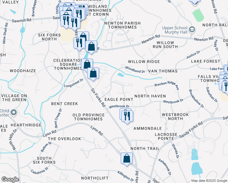 map of restaurants, bars, coffee shops, grocery stores, and more near 103 Bramble Court in Raleigh