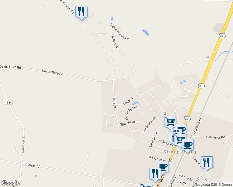 map of restaurants, bars, coffee shops, grocery stores, and more near 417 Holly Drive in Rocky Mount