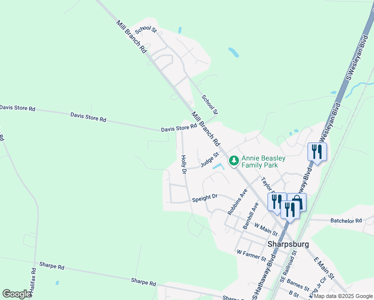 map of restaurants, bars, coffee shops, grocery stores, and more near 417 Holly Drive in Rocky Mount