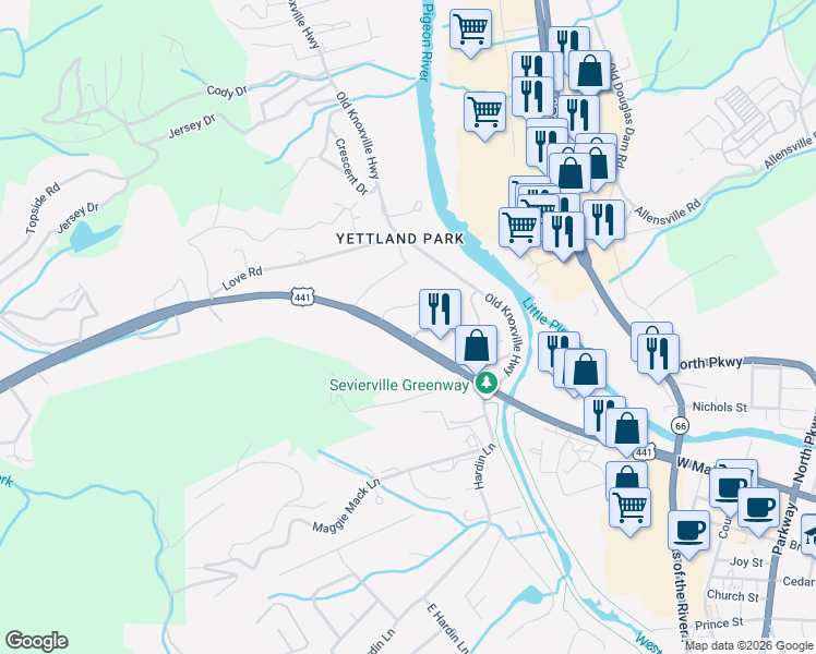 map of restaurants, bars, coffee shops, grocery stores, and more near 602 West Main Street in Sevierville