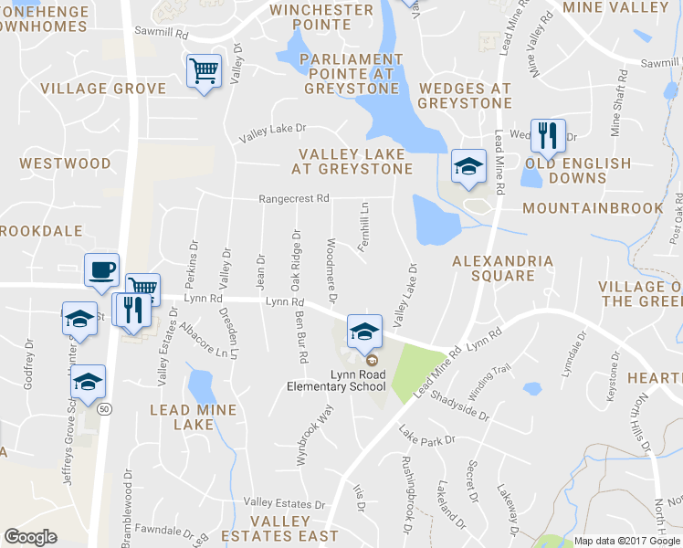 map of restaurants, bars, coffee shops, grocery stores, and more near 6716 Woodmere Drive in Raleigh