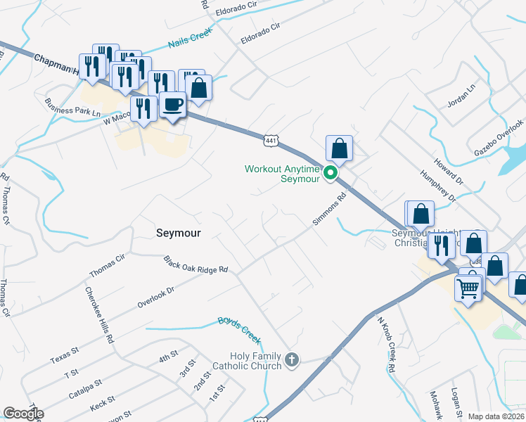 map of restaurants, bars, coffee shops, grocery stores, and more near 212 Simmons Road in Seymour