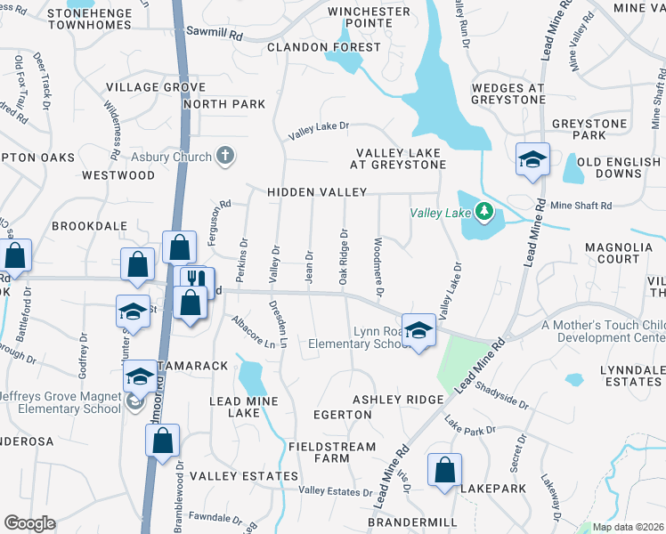 map of restaurants, bars, coffee shops, grocery stores, and more near 6805 Oak Ridge Drive in Raleigh