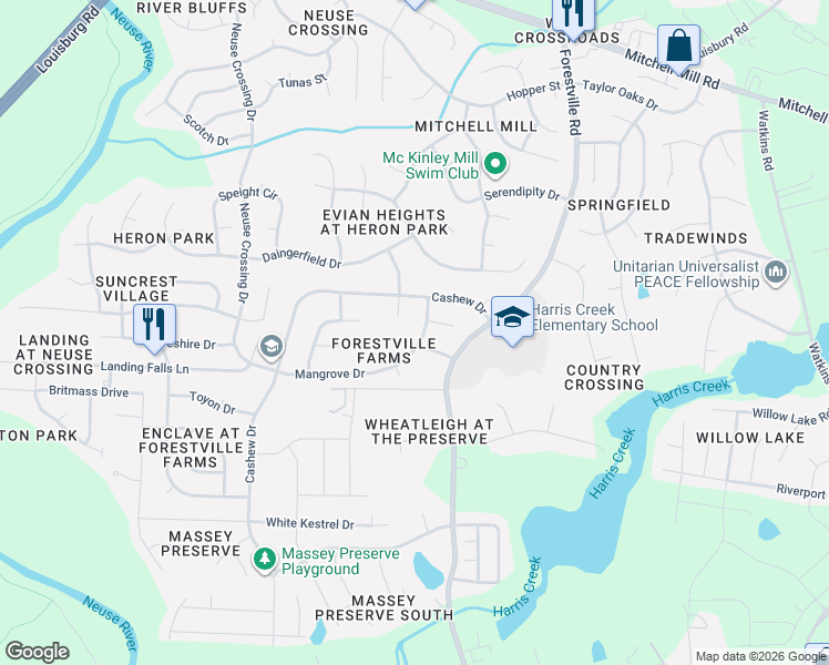 map of restaurants, bars, coffee shops, grocery stores, and more near 3204 Potthast Court in Raleigh