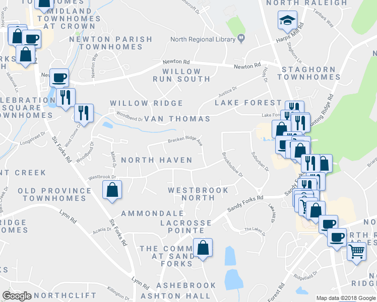 map of restaurants, bars, coffee shops, grocery stores, and more near 7016 Brecken Ridge Avenue in Raleigh