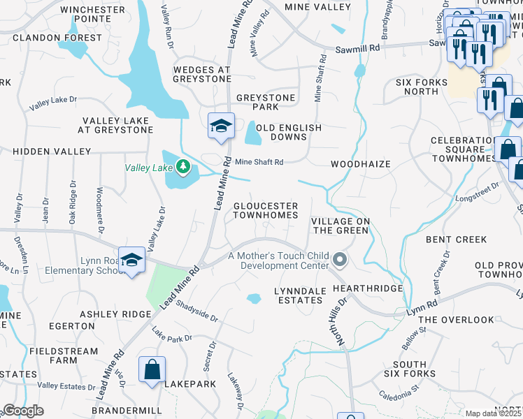 map of restaurants, bars, coffee shops, grocery stores, and more near 6940 Middleboro Drive in Raleigh