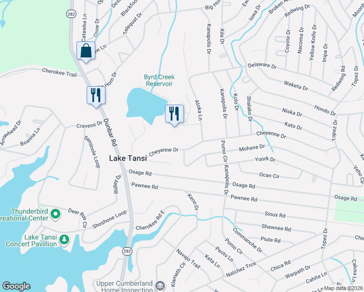 map of restaurants, bars, coffee shops, grocery stores, and more near 5033 Cheyenne Drive in Crossville