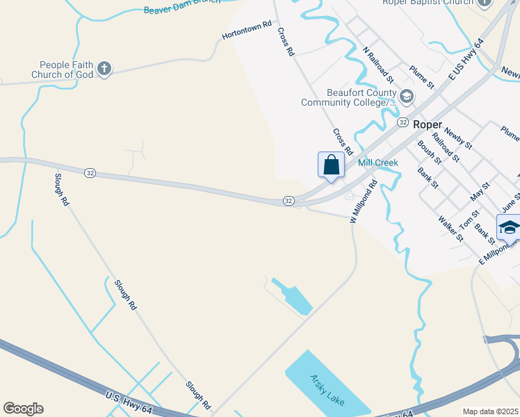 map of restaurants, bars, coffee shops, grocery stores, and more near 6992 North Carolina 32 in Roper