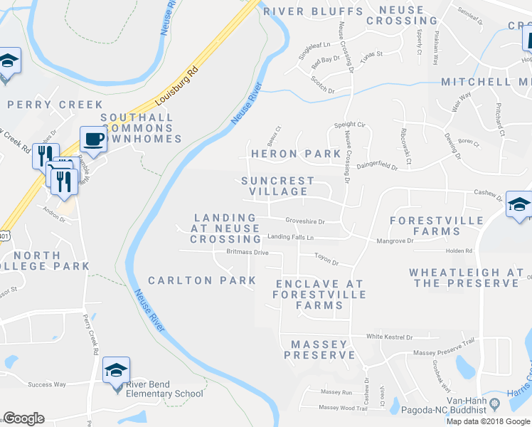 map of restaurants, bars, coffee shops, grocery stores, and more near 3125 Groveshire Drive in Raleigh