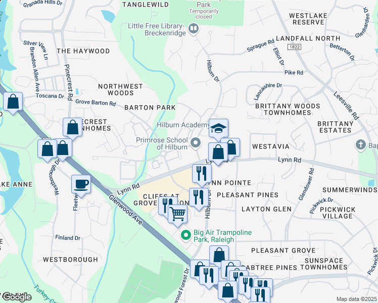 map of restaurants, bars, coffee shops, grocery stores, and more near 3801 Doie Cope Road in Raleigh
