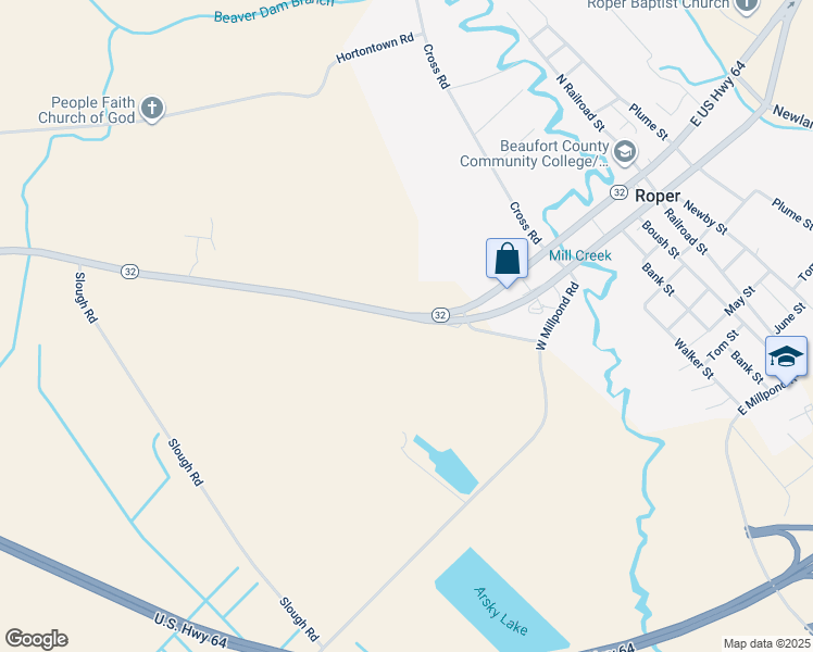 map of restaurants, bars, coffee shops, grocery stores, and more near 7004 North Carolina 32 in Roper