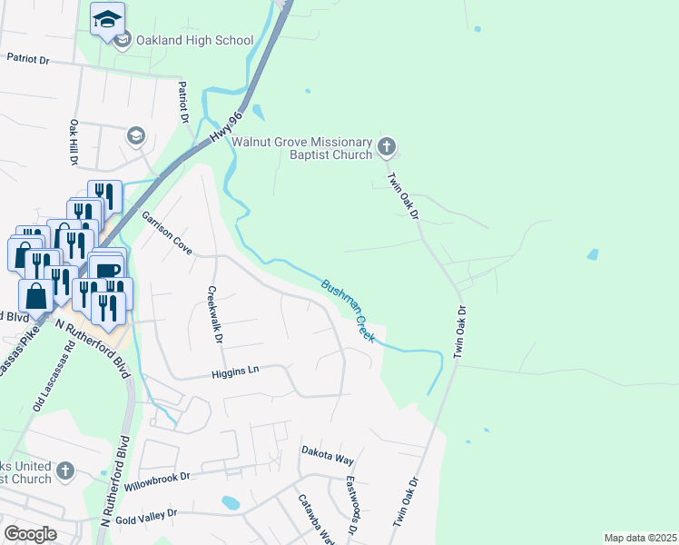 map of restaurants, bars, coffee shops, grocery stores, and more near 2413 Robin Court in Murfreesboro