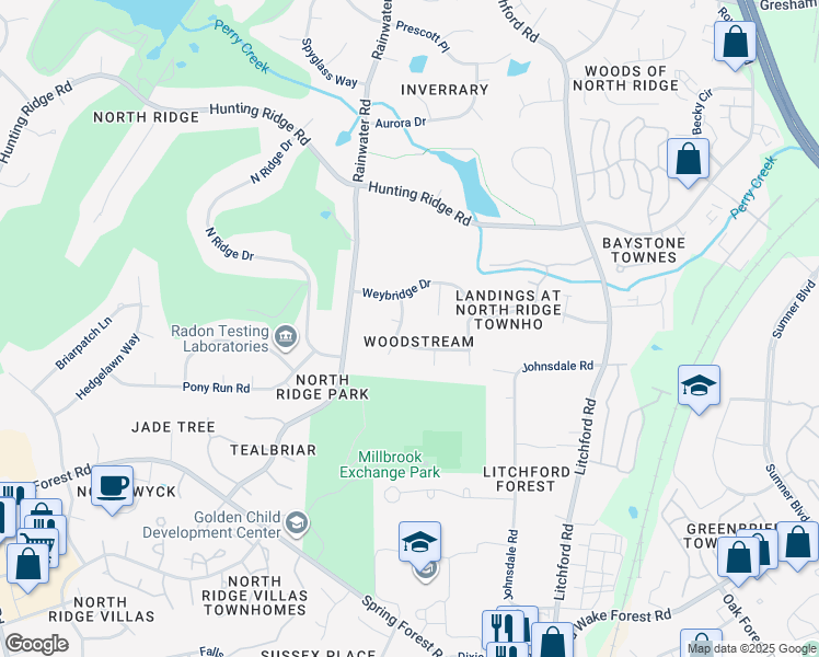 map of restaurants, bars, coffee shops, grocery stores, and more near 6920 Slade Hill Road in Raleigh