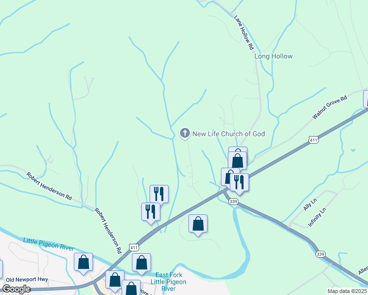 map of restaurants, bars, coffee shops, grocery stores, and more near 243 Murrell Meadows Drive in Sevierville