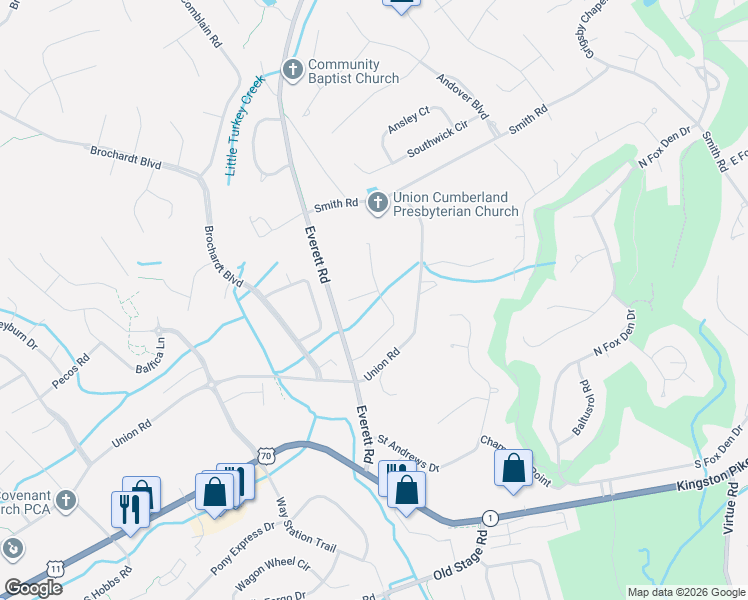 map of restaurants, bars, coffee shops, grocery stores, and more near 12500 Wexton Lane in Knoxville