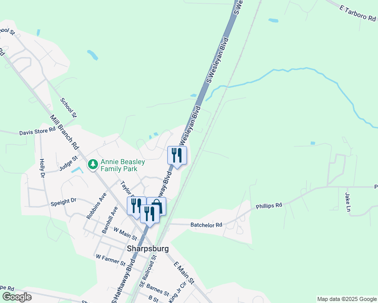 map of restaurants, bars, coffee shops, grocery stores, and more near 3545 South Wesleyan Boulevard in Rocky Mount