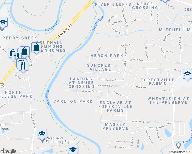 map of restaurants, bars, coffee shops, grocery stores, and more near 3125 Groveshire Drive in Raleigh